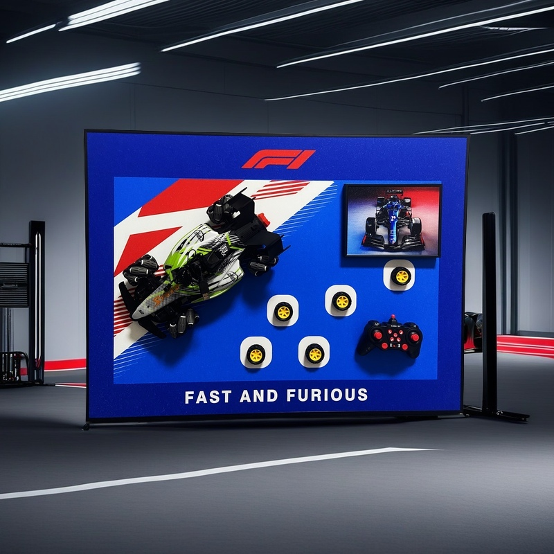 F1 racing 3D wall art with detachable RC car, extra wheels, controller, and bold racing design