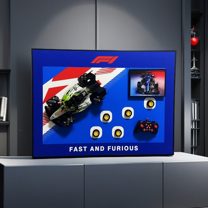 F1 racing 3D wall art with detachable RC car, extra wheels, controller, and bold racing design