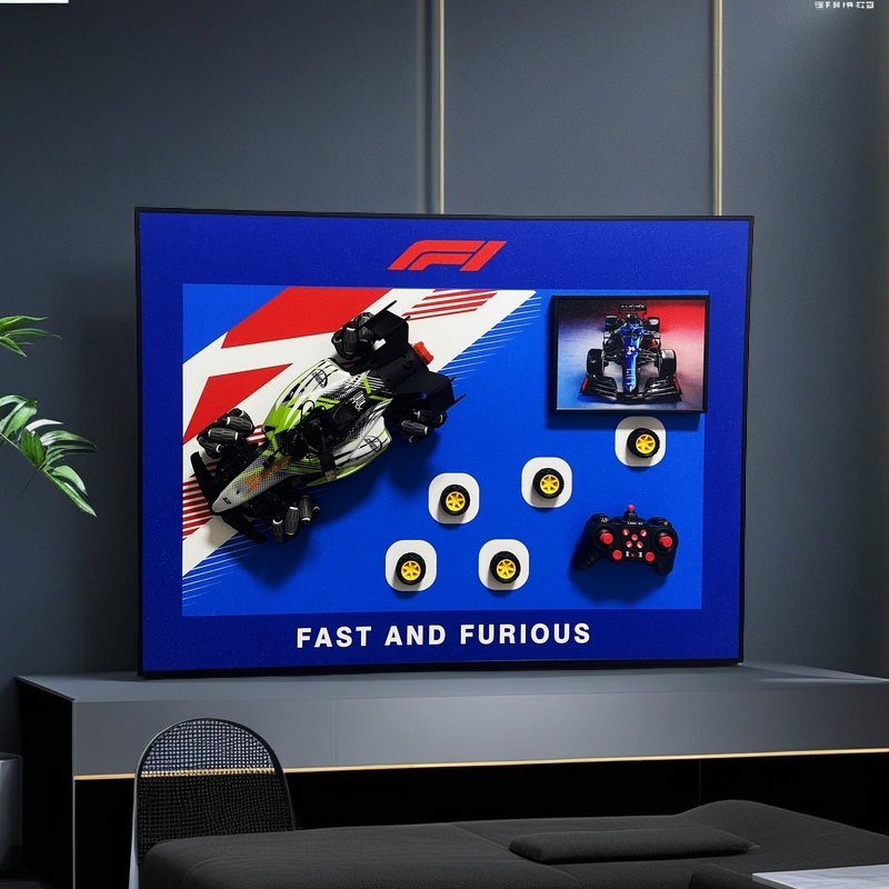 F1 racing 3D wall art with detachable RC car, extra wheels, controller, and bold racing design