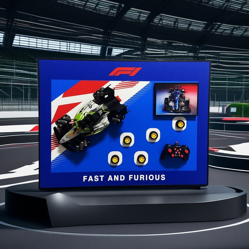 F1 racing 3D wall art with detachable RC car, extra wheels, controller, and bold racing design