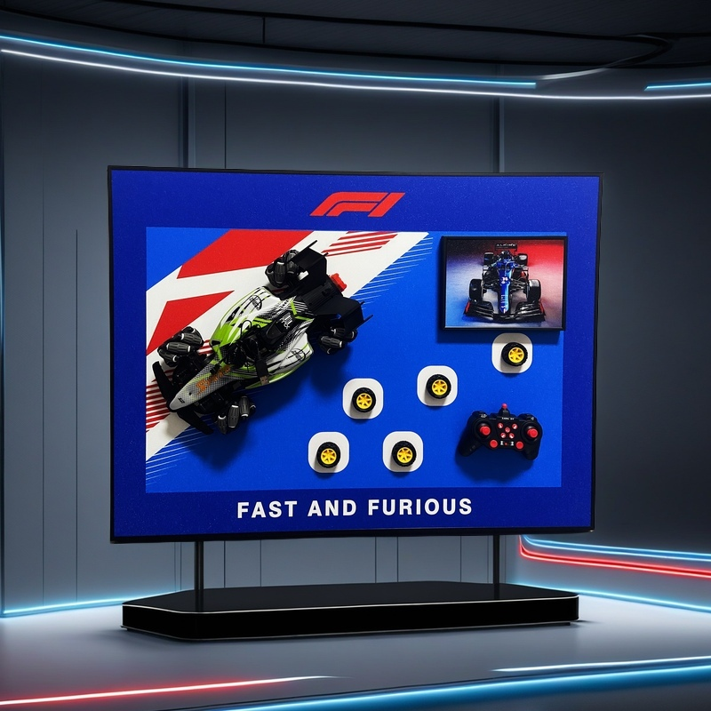 F1 racing 3D wall art with detachable RC car, extra wheels, controller, and bold racing design