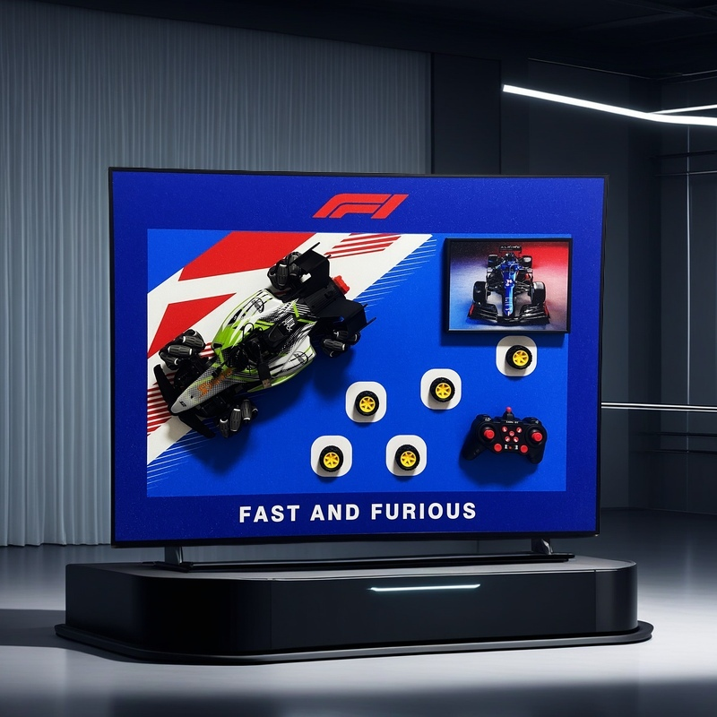 F1 racing 3D wall art with detachable RC car, extra wheels, controller, and bold racing design