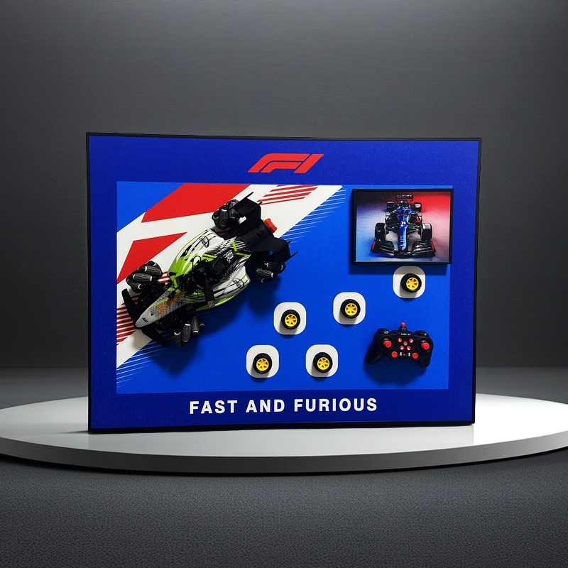 F1 racing 3D wall art with detachable RC car, extra wheels, controller, and bold racing design