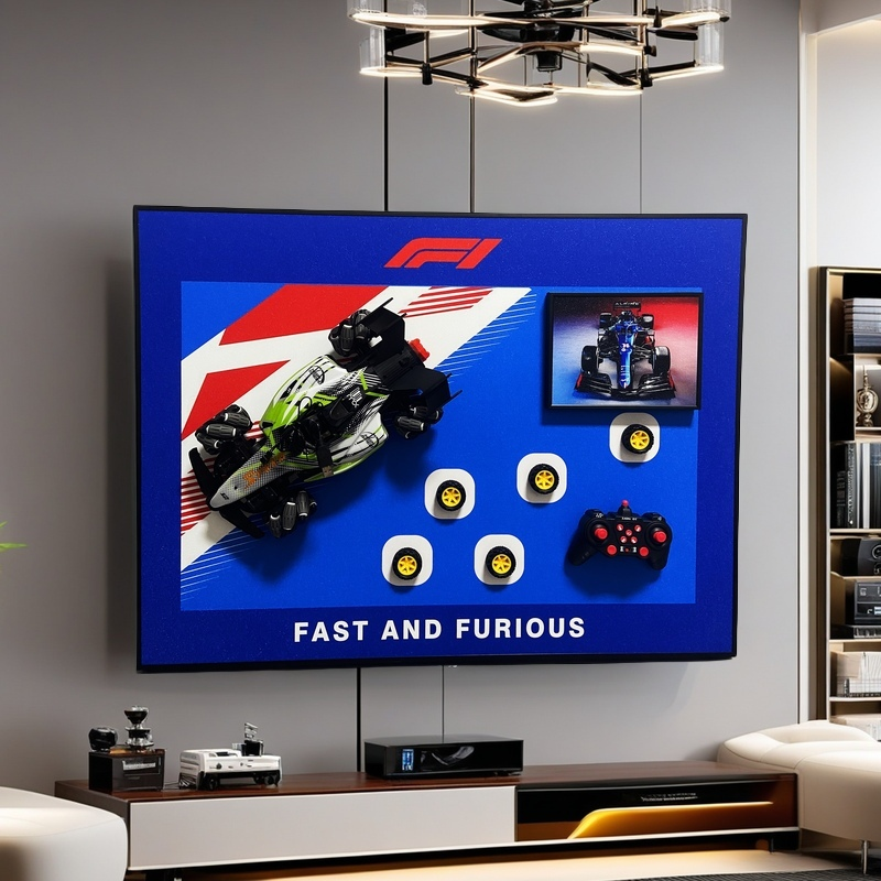 F1 racing 3D wall art with detachable RC car, extra wheels, controller, and bold racing design