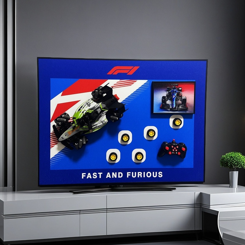 F1 racing 3D wall art with detachable RC car, extra wheels, controller, and bold racing design