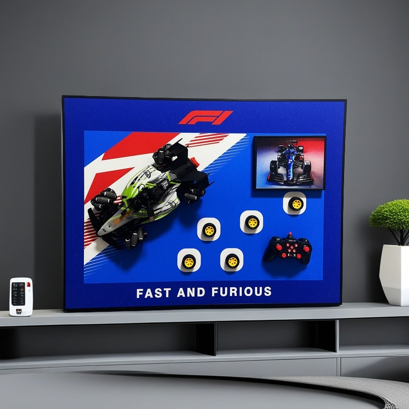 F1 racing 3D wall art with detachable RC car, extra wheels, controller, and bold racing design