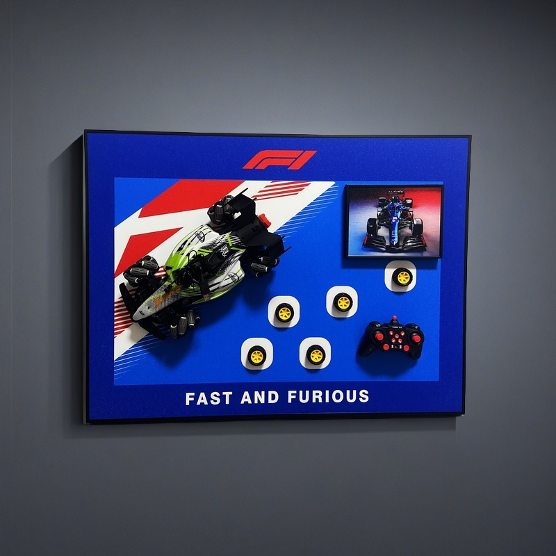F1 racing 3D wall art with detachable RC car, extra wheels, controller, and bold racing design
