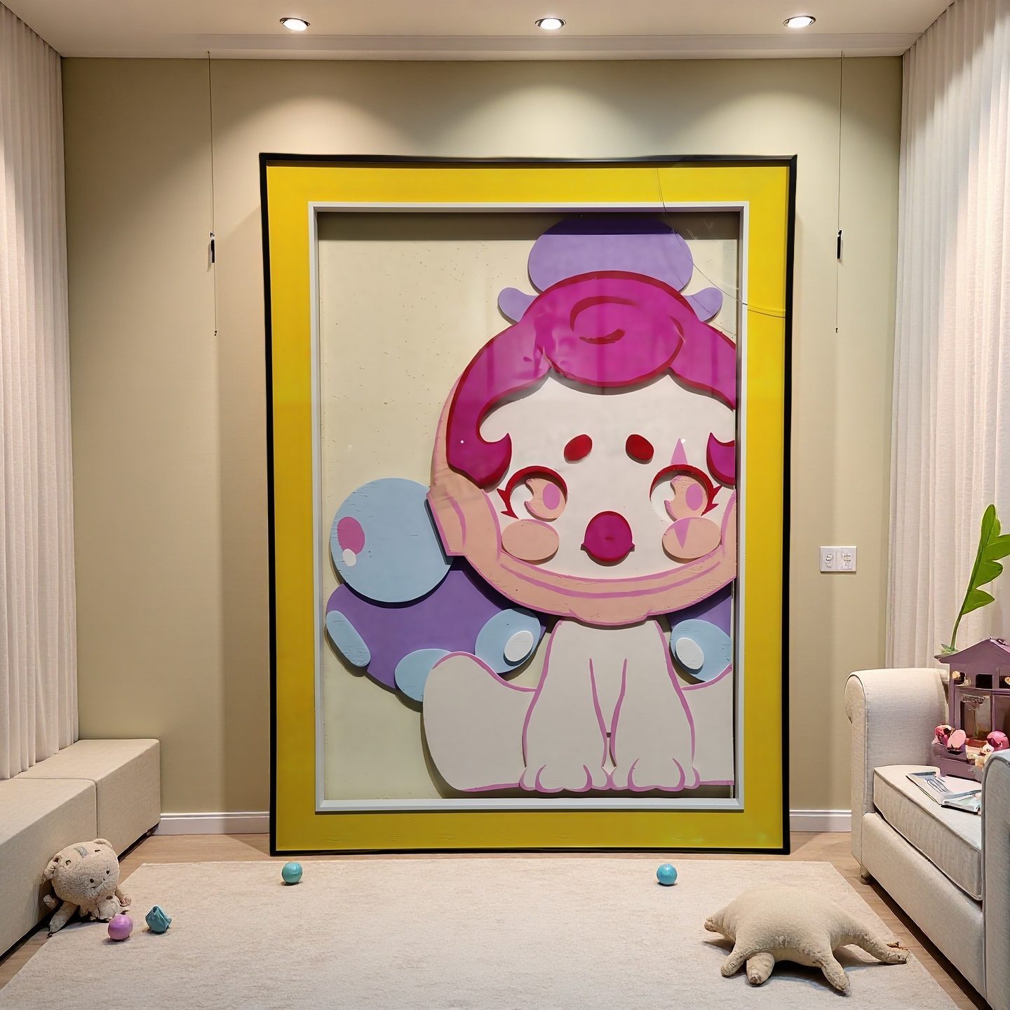 3D cartoon character wall art with yellow frame for playful room decor