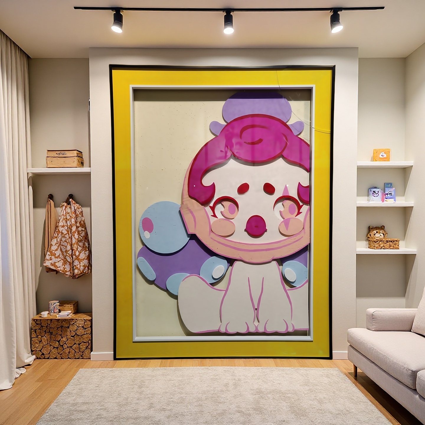 3D cartoon character wall art with yellow frame for playful room decor