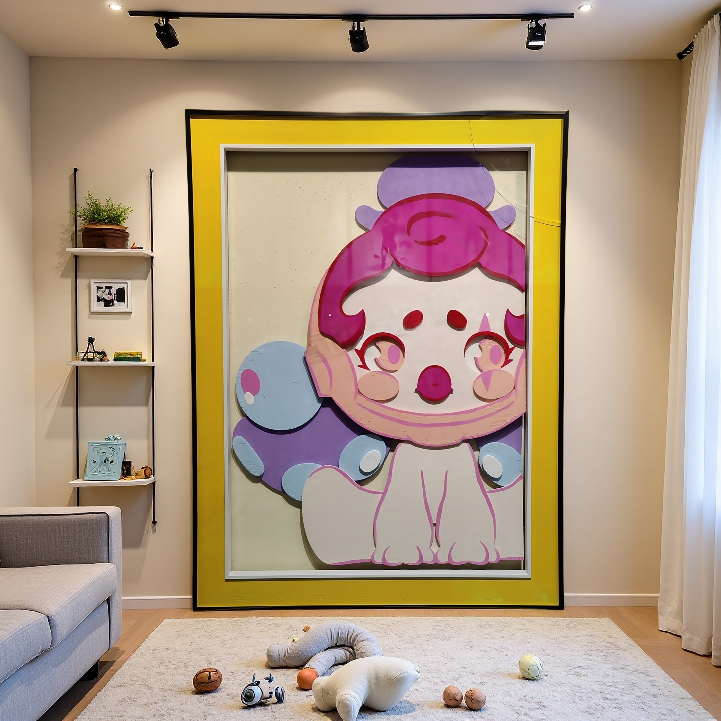 3D cartoon character wall art with yellow frame for playful room decor