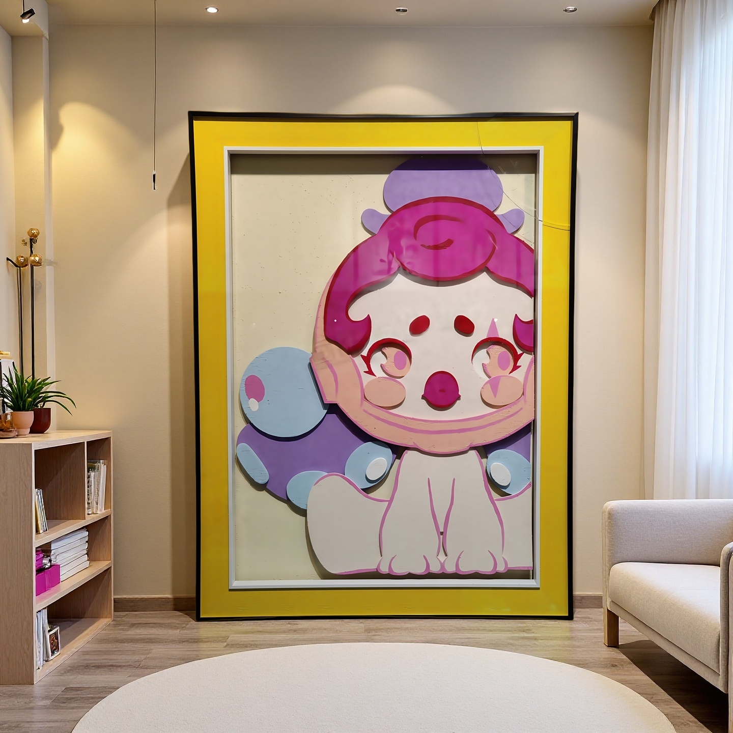 3D cartoon character wall art with yellow frame for playful room decor