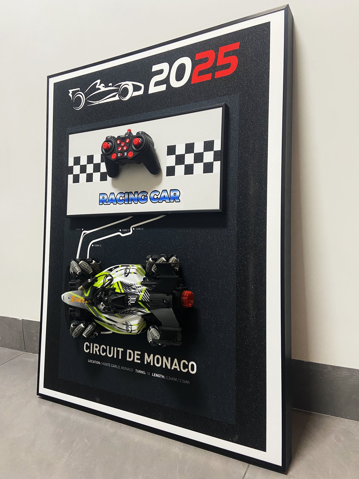 F1 3D wall art featuring detachable RC car and Monaco racing circuit for home decoration