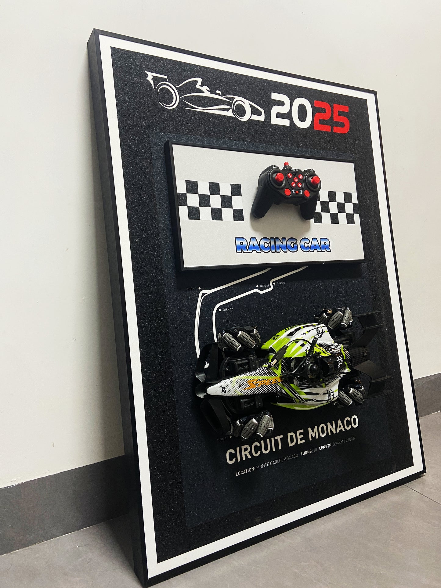 F1 3D wall art featuring detachable RC car and Monaco racing circuit for home decoration