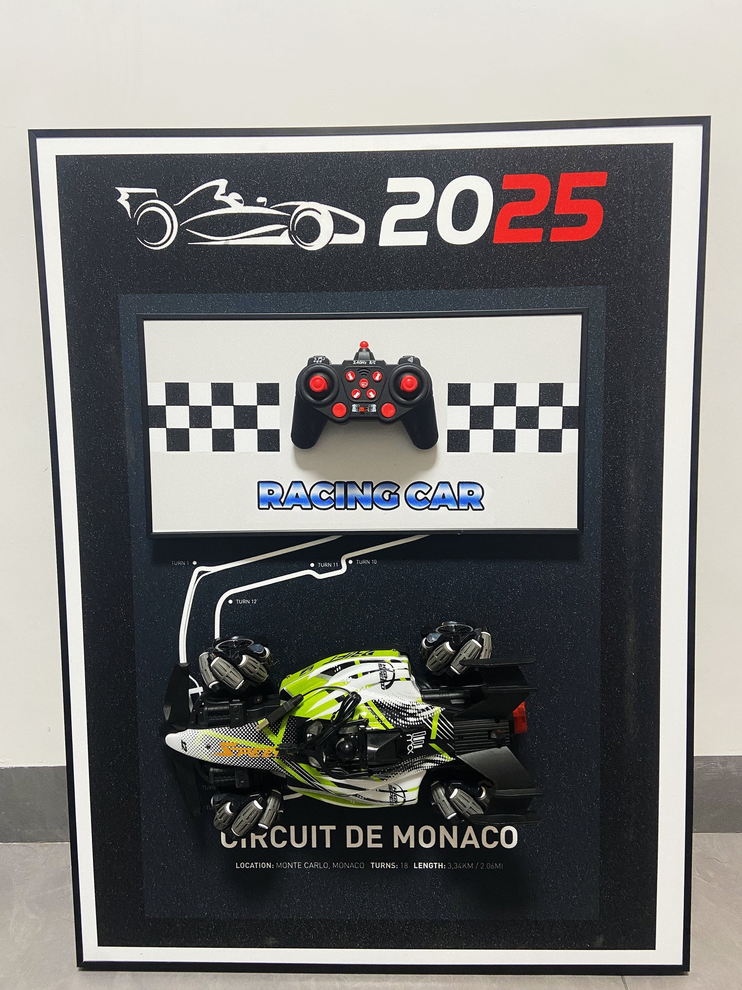 F1 3D wall art featuring detachable RC car and Monaco racing circuit for home decoration