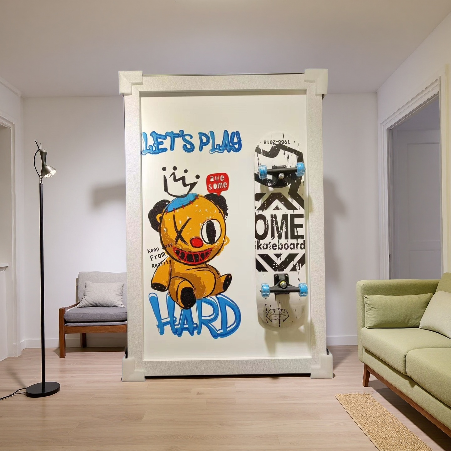 3D skateboard wall art with cartoon bear and Let’s Play Hard design