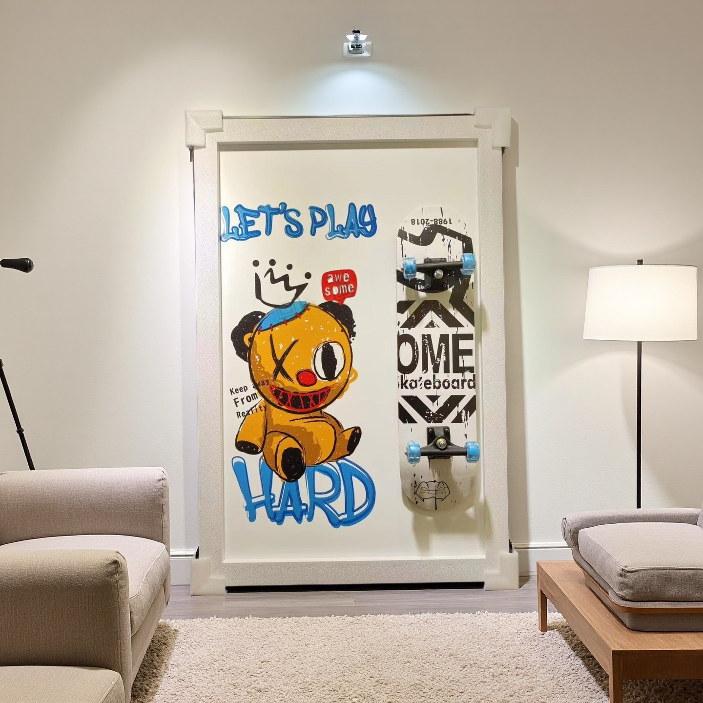 3D skateboard wall art with cartoon bear and Let’s Play Hard design