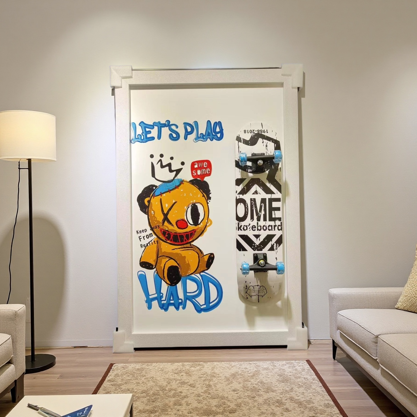 3D skateboard wall art with cartoon bear and Let’s Play Hard design