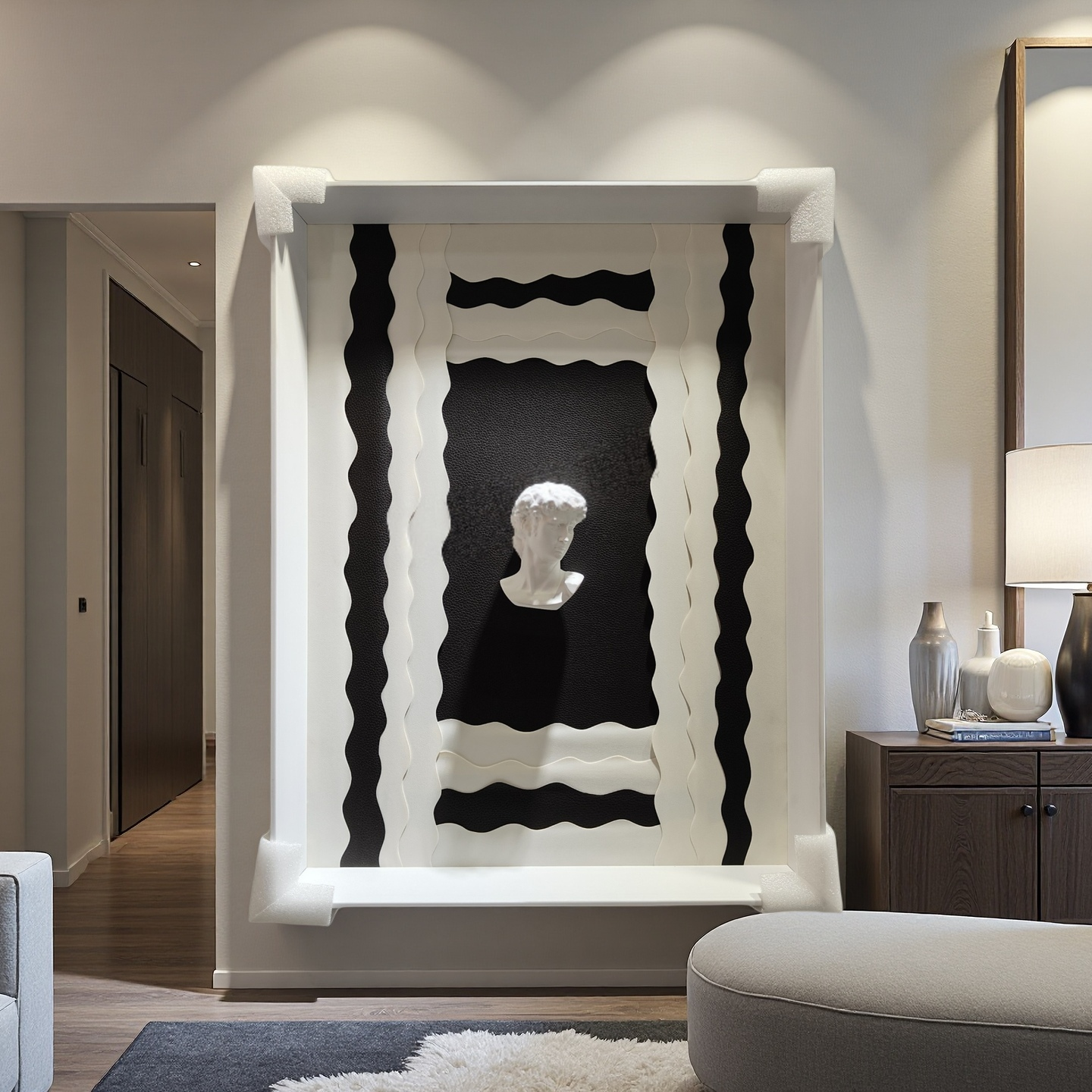 Sculptural Wall Art 50×70 – Black Base with White Frame & Bust Motif