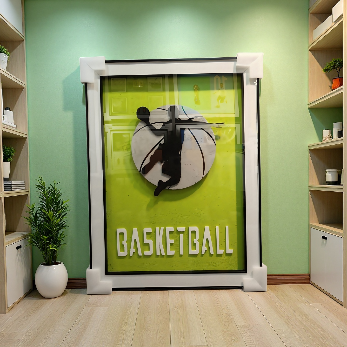Basketball 3D wall art with dunk silhouette on vibrant green background, 60x80cm, wall mounted.