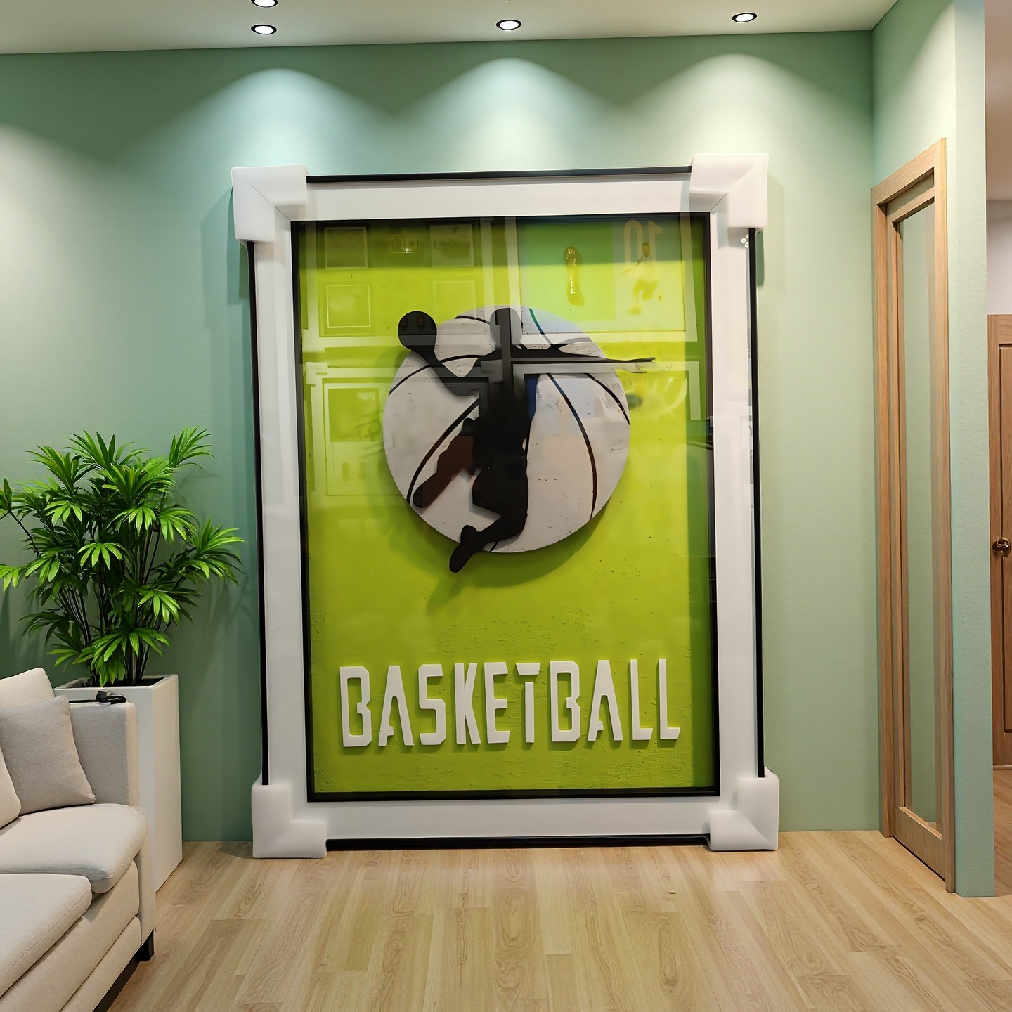 Basketball 3D wall art with dunk silhouette on vibrant green background, 60x80cm, wall mounted.