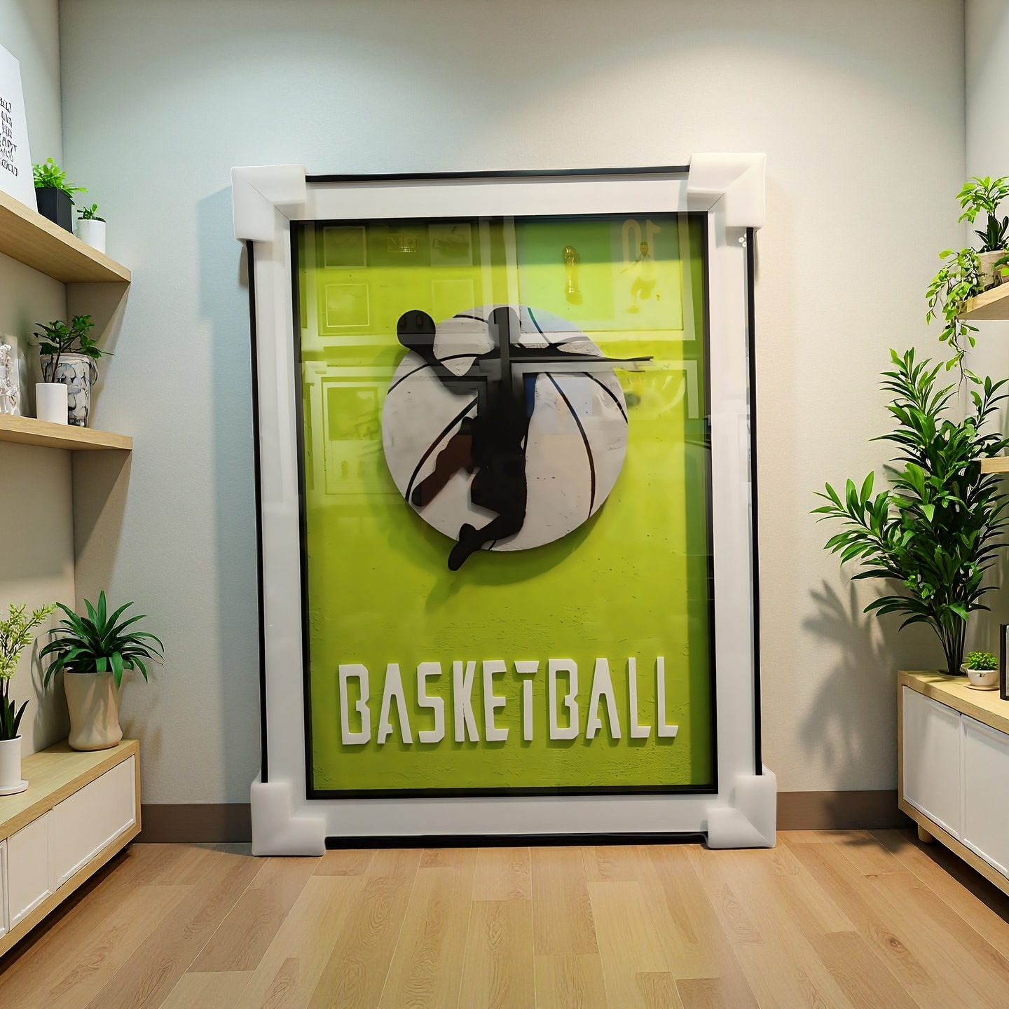 Basketball 3D wall art with dunk silhouette on vibrant green background, 60x80cm, wall mounted.