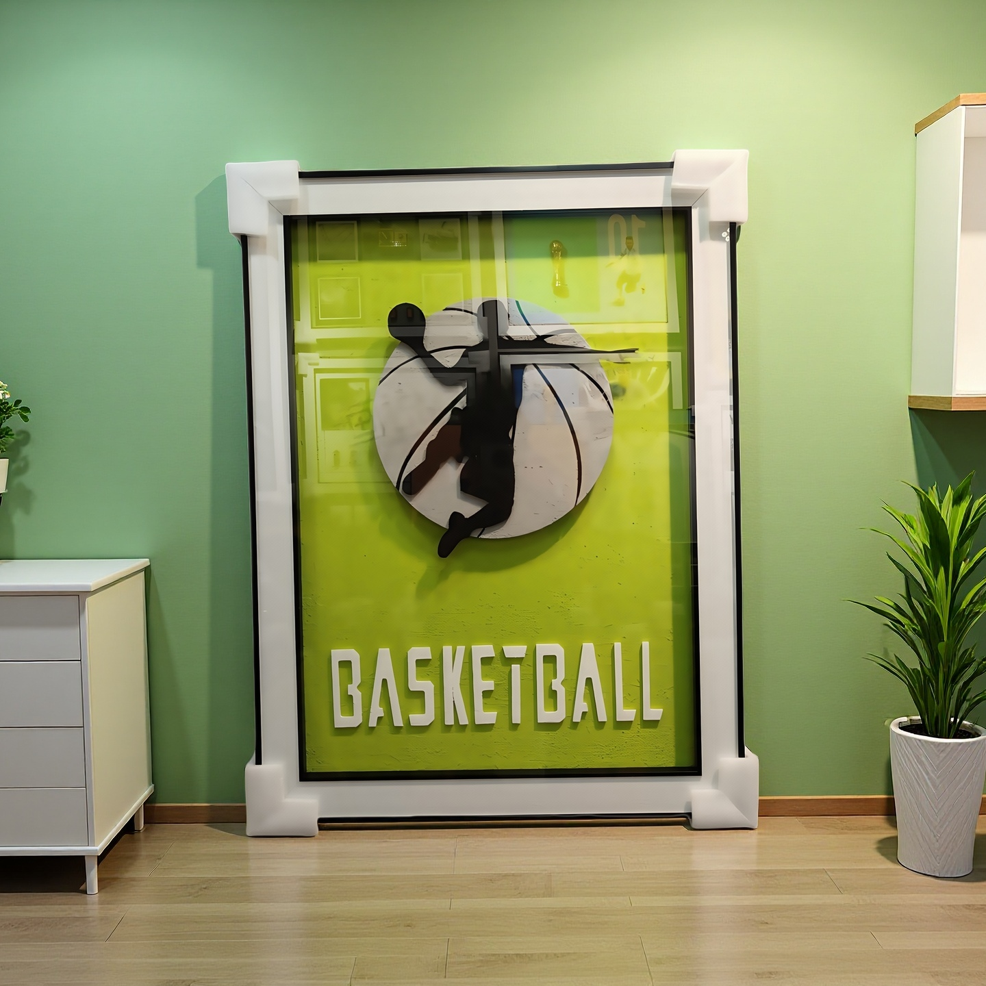 Basketball 3D wall art with dunk silhouette on vibrant green background, 60x80cm, wall mounted.