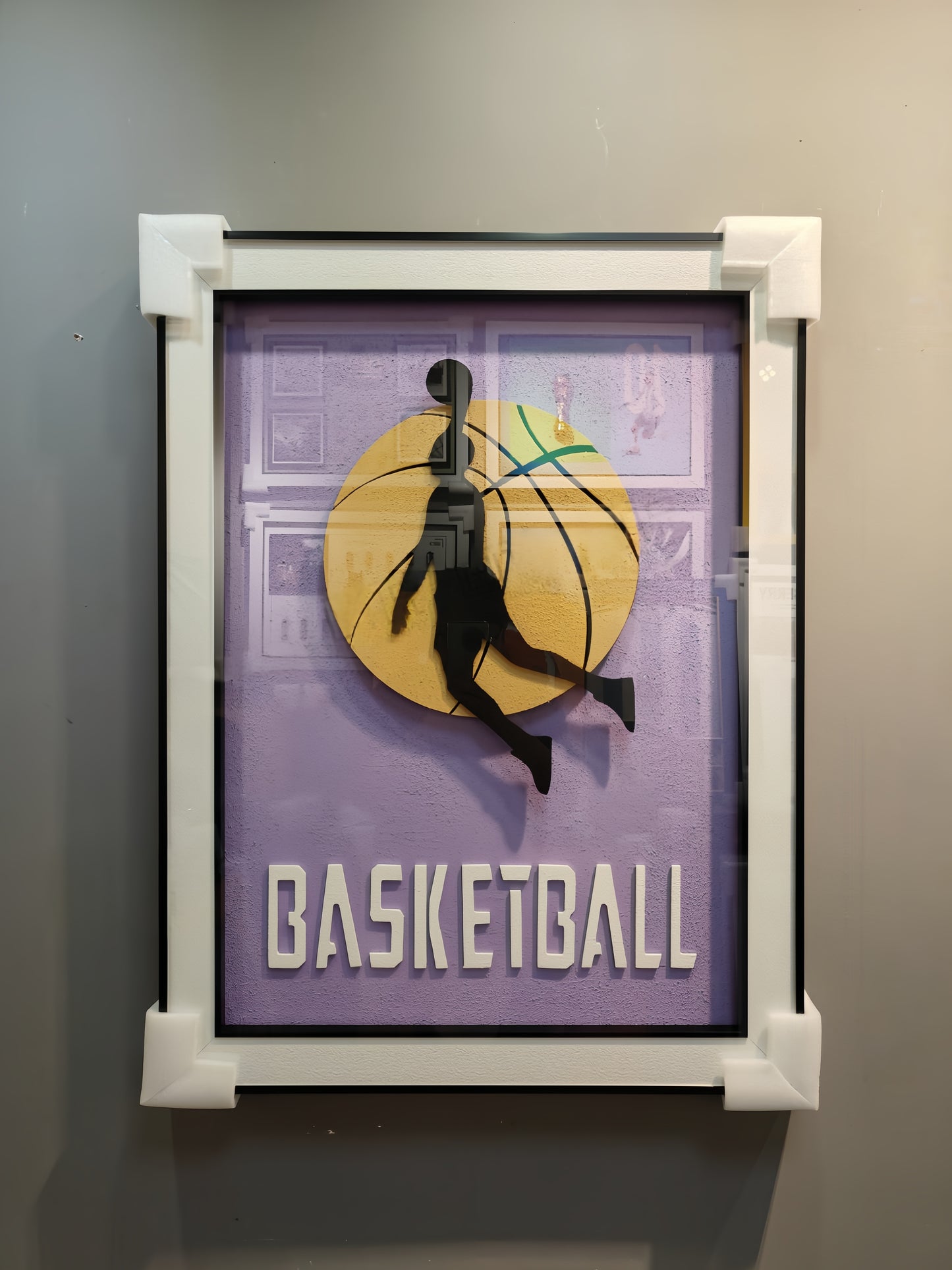 Basketball 3D wall art dunk silhouette on purple background with golden basketball, wall-mounted sports decor 60x80cm.