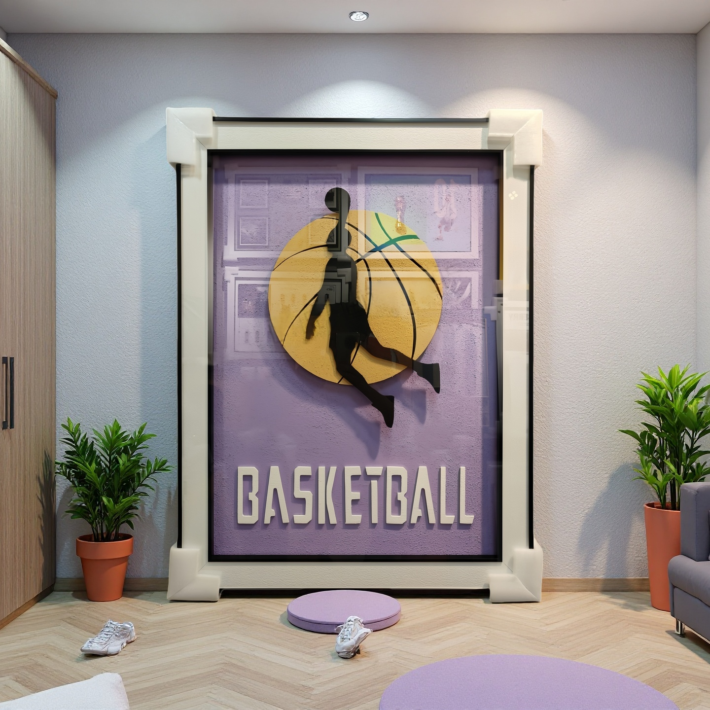 Basketball 3D wall art dunk silhouette on purple background with golden basketball, wall-mounted sports decor 60x80cm.