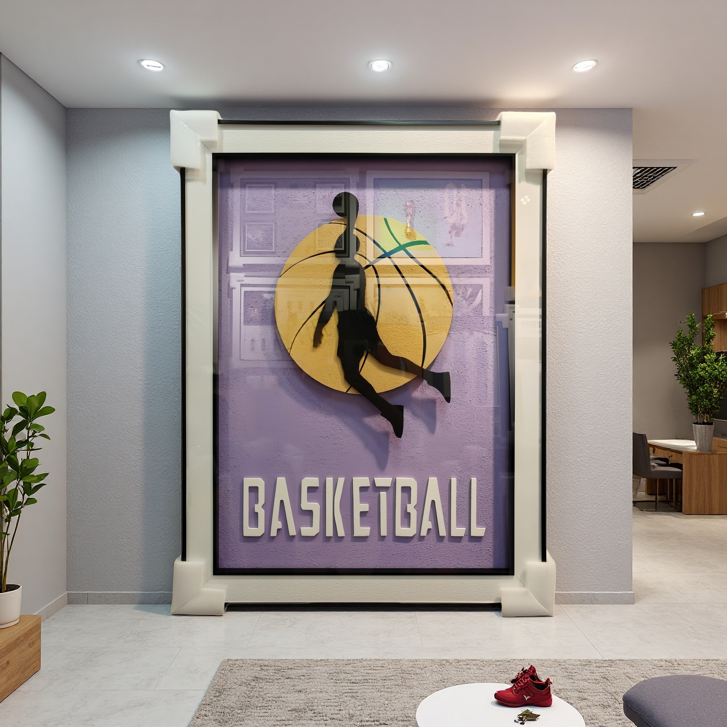 Basketball 3D wall art dunk silhouette on purple background with golden basketball, wall-mounted sports decor 60x80cm.