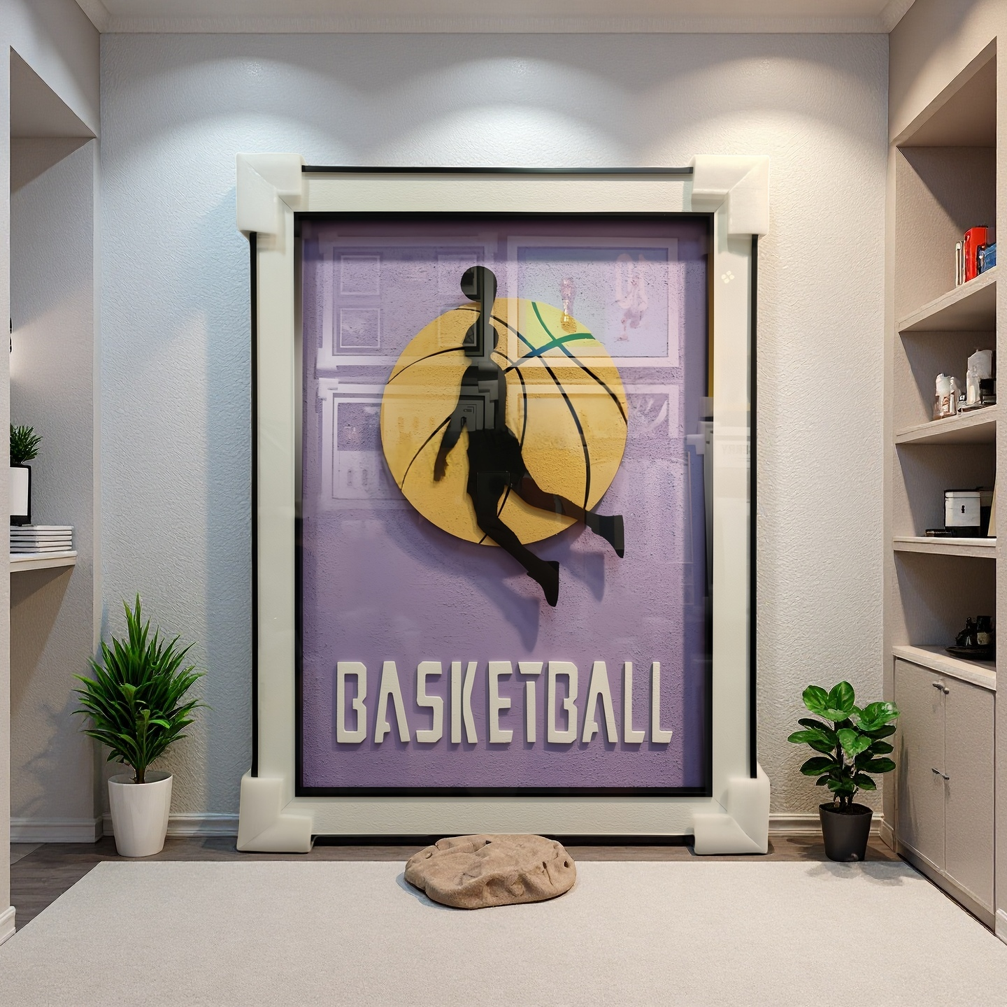Basketball 3D wall art dunk silhouette on purple background with golden basketball, wall-mounted sports decor 60x80cm.