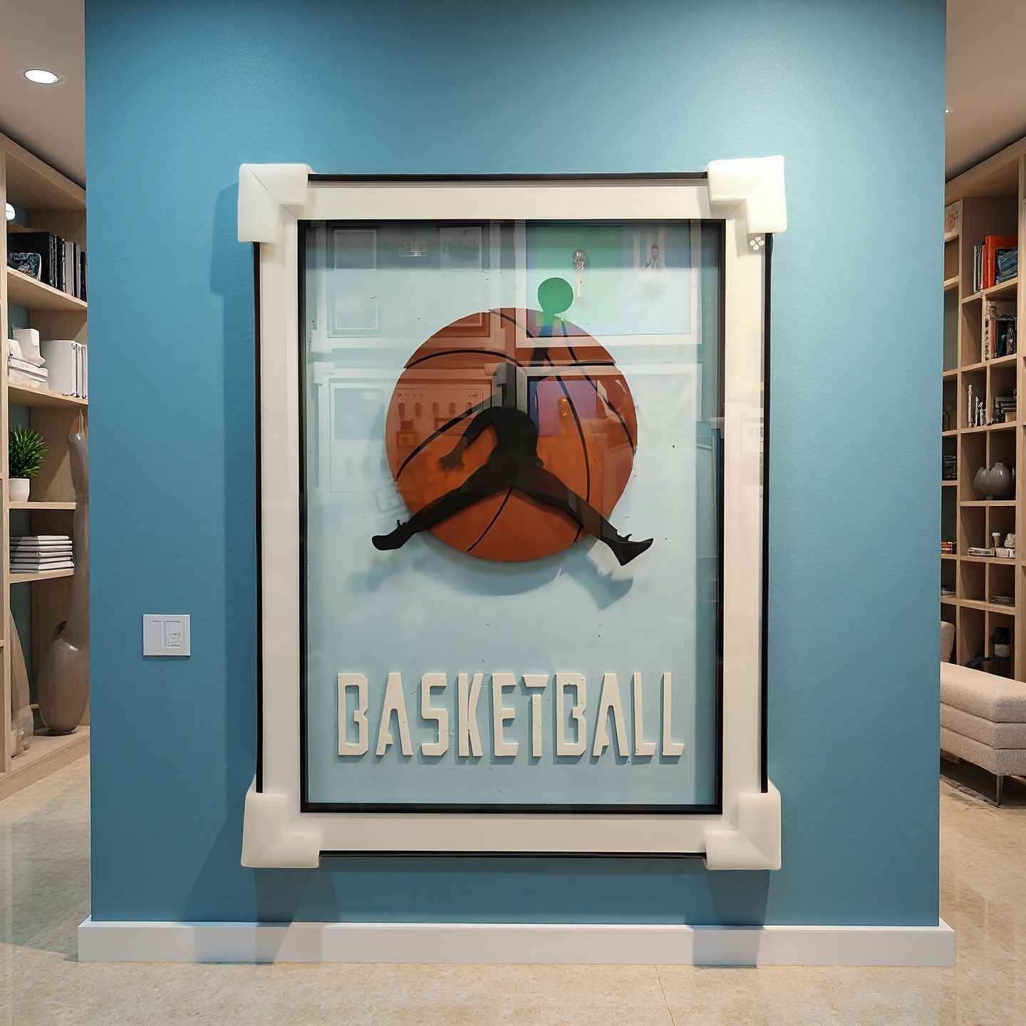 Wall-mounted basketball 3D artwork with slam dunk silhouette and blue background