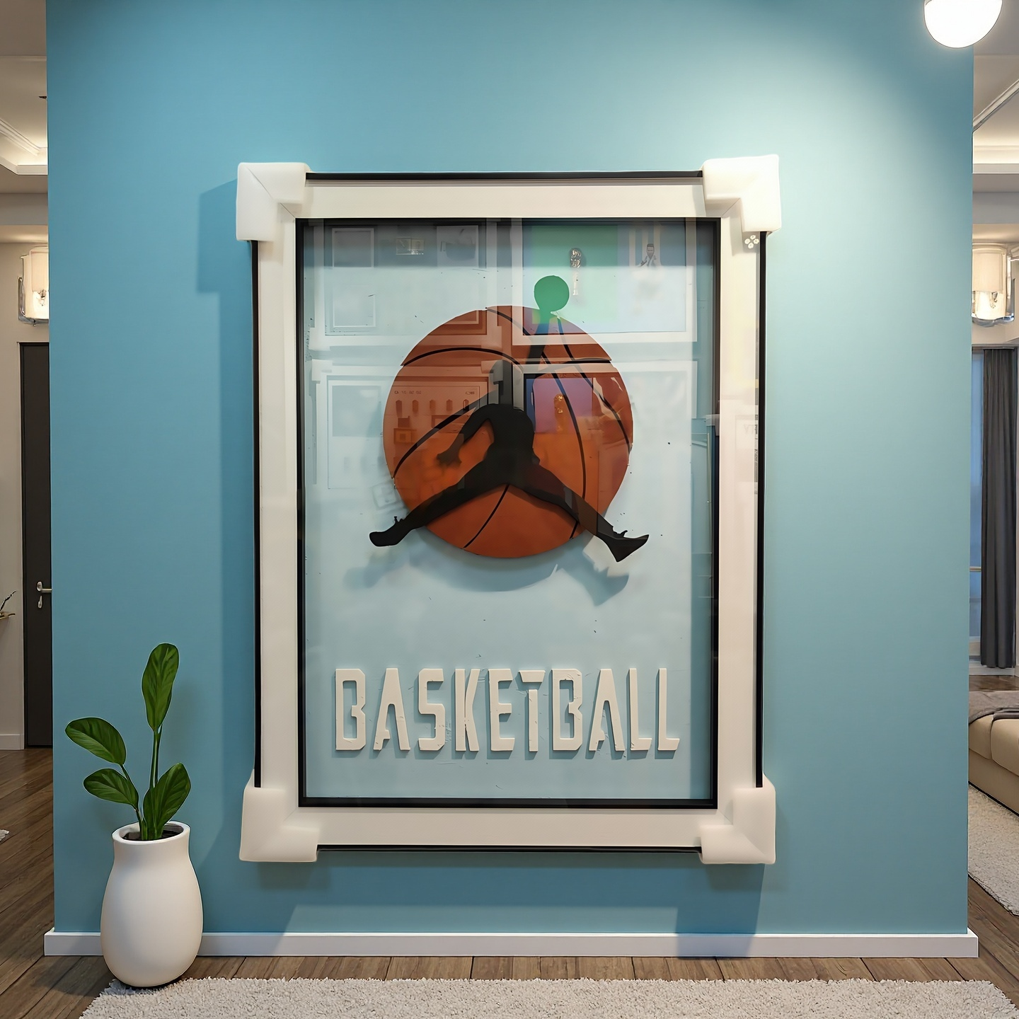 Wall-mounted basketball 3D artwork with slam dunk silhouette and blue background