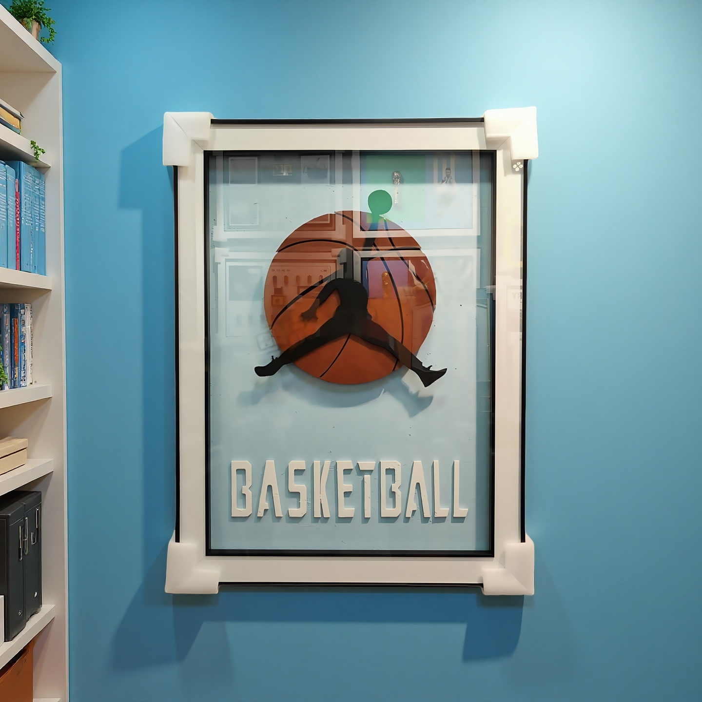 Wall-mounted basketball 3D artwork with slam dunk silhouette and blue background