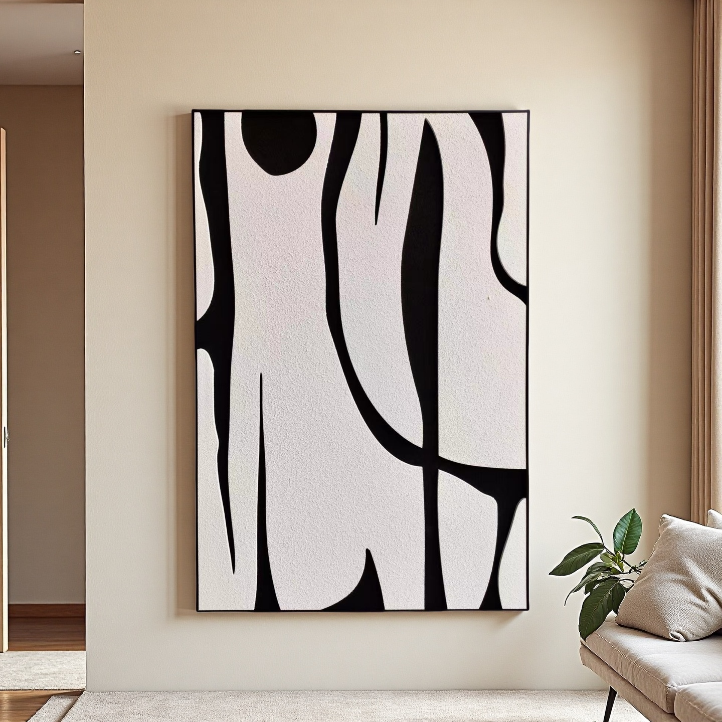 Modern vertical 80×120cm wall art with flowing black and white abstract shapes in minimalist style