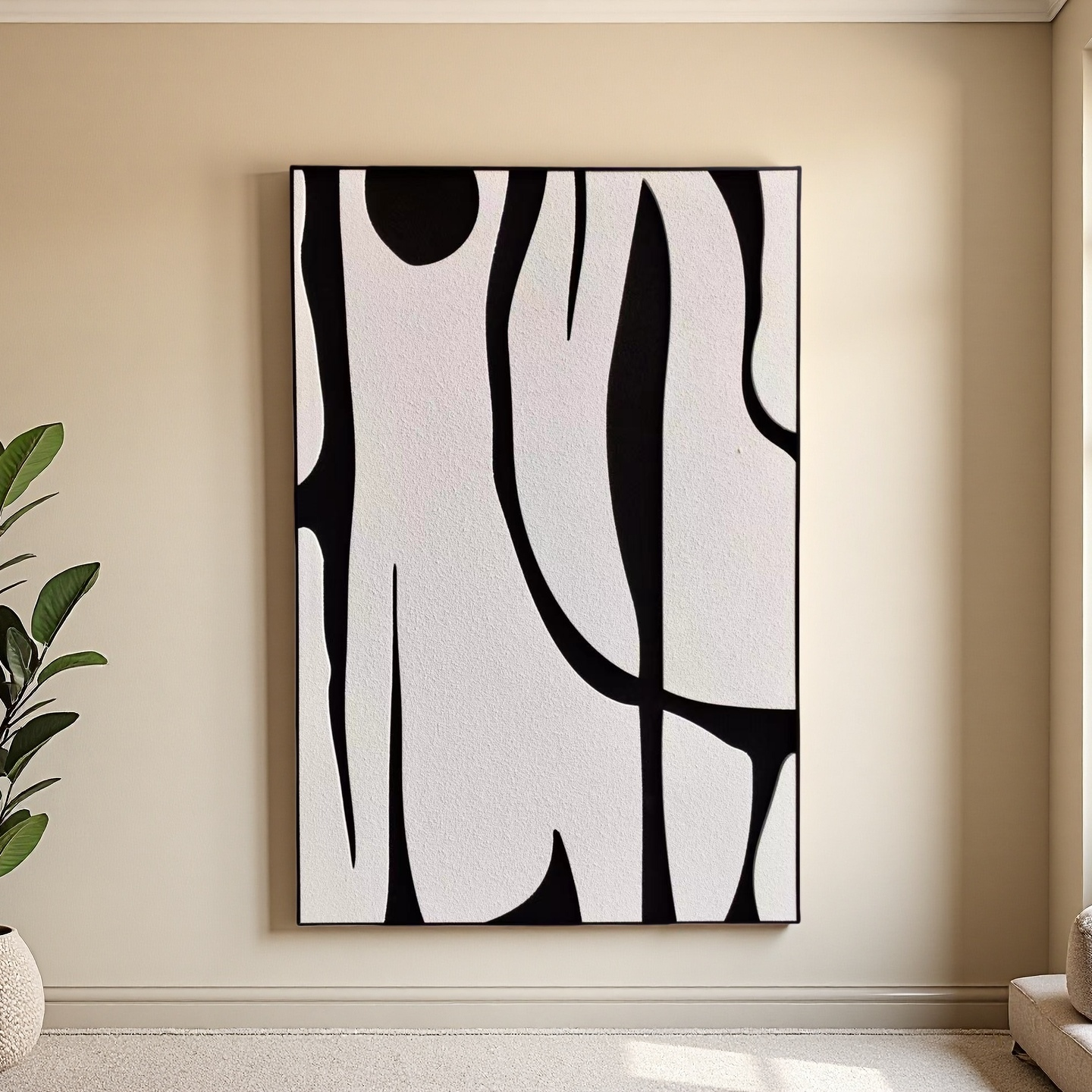 Modern vertical 80×120cm wall art with flowing black and white abstract shapes in minimalist style