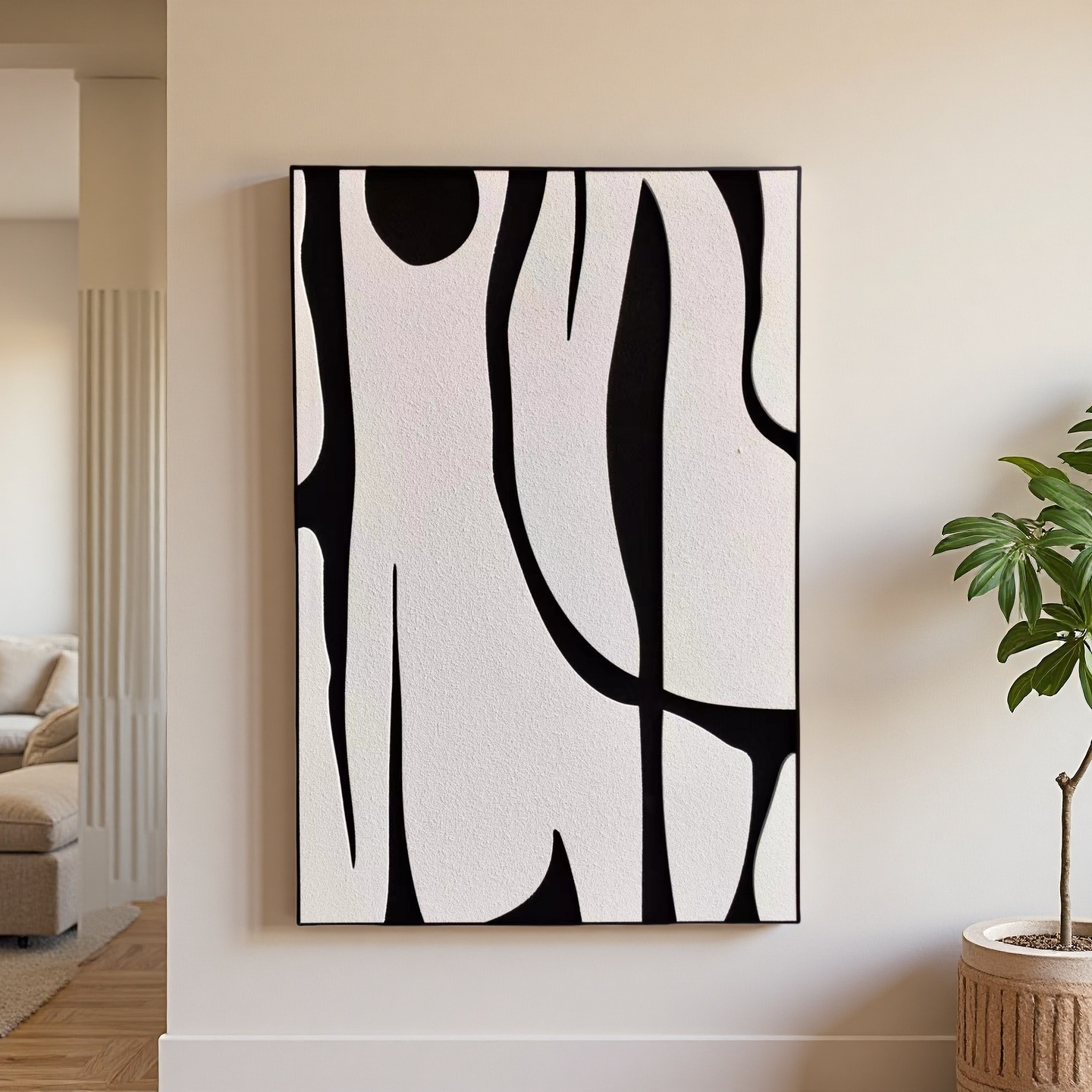 Modern vertical 80×120cm wall art with flowing black and white abstract shapes in minimalist style