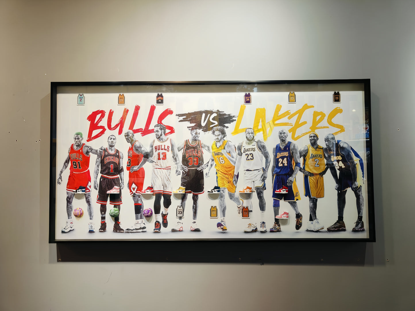 Bulls vs Lakers framed basketball legends wall art featuring iconic NBA players in vivid colors.