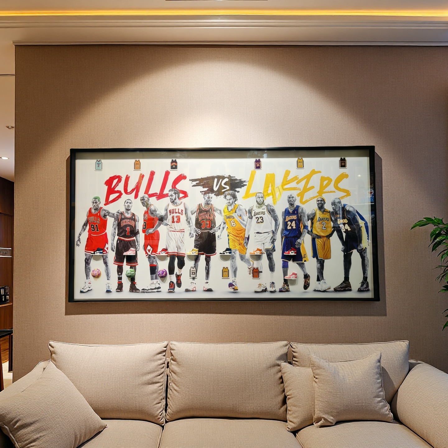 Bulls vs Lakers framed basketball legends wall art featuring iconic NBA players in vivid colors.