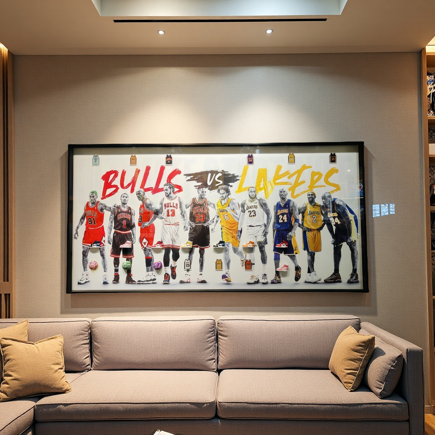 Bulls vs Lakers framed basketball legends wall art featuring iconic NBA players in vivid colors.