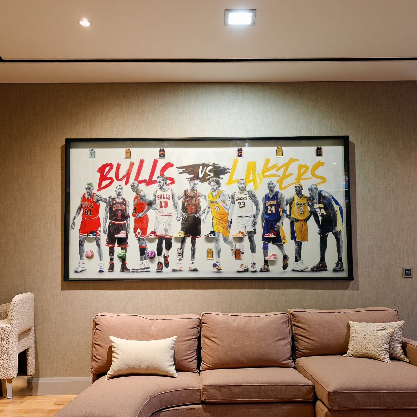 Bulls vs Lakers framed basketball legends wall art featuring iconic NBA players in vivid colors.