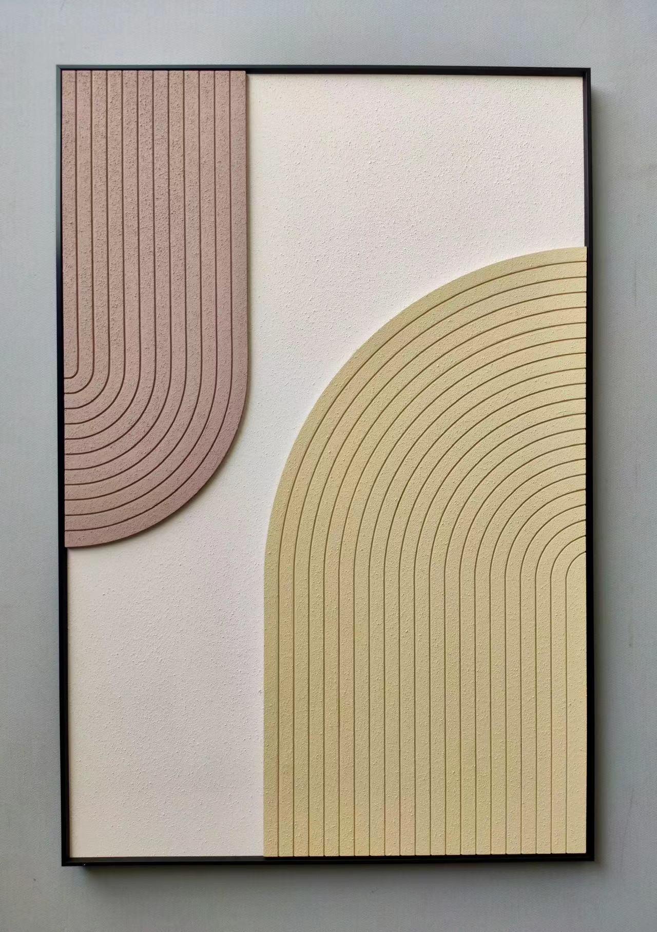 Vertical 80×120cm minimalist wall art with curved line texture in beige and warm tan, mounted on wall