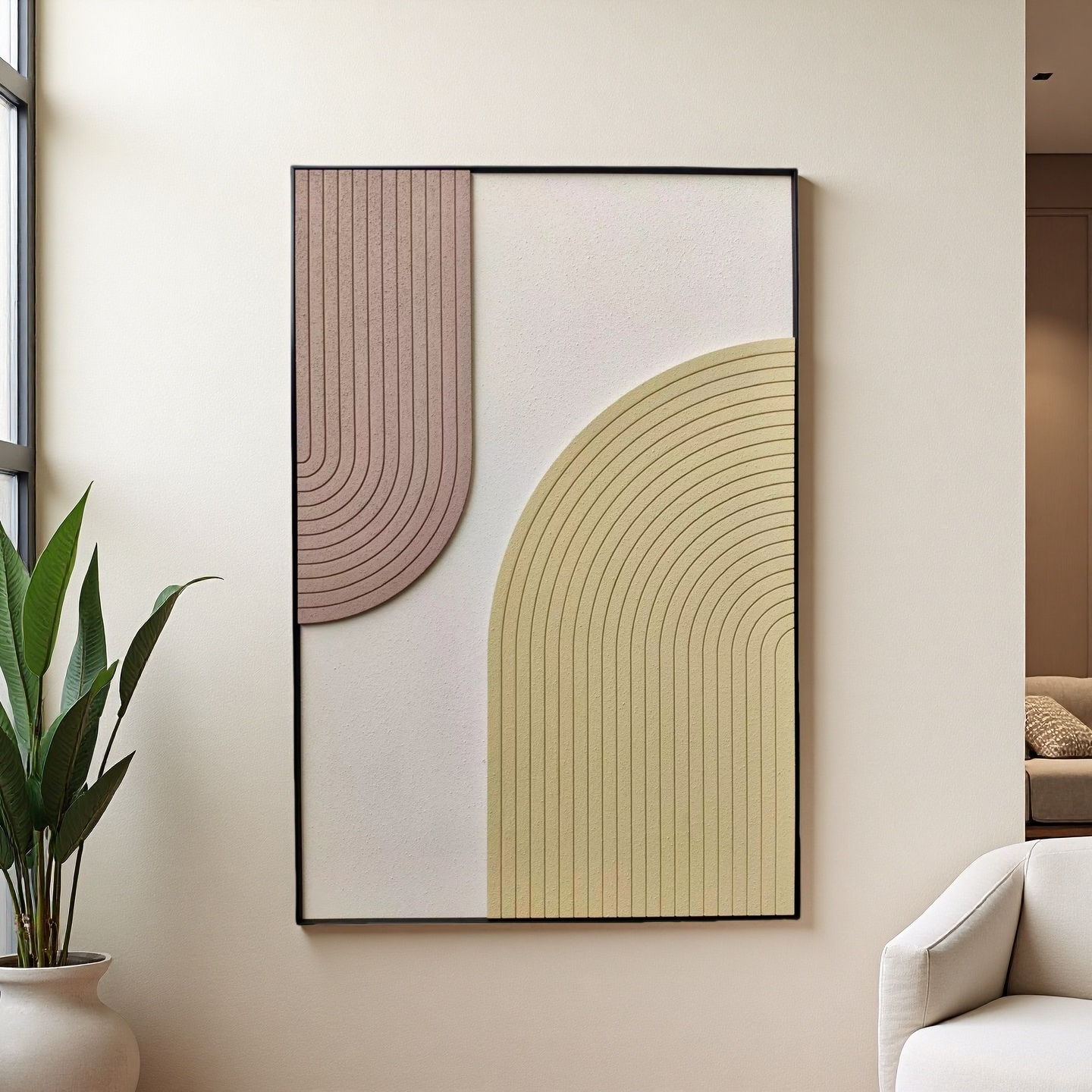 Vertical 80×120cm minimalist wall art with curved line texture in beige and warm tan, mounted on wall