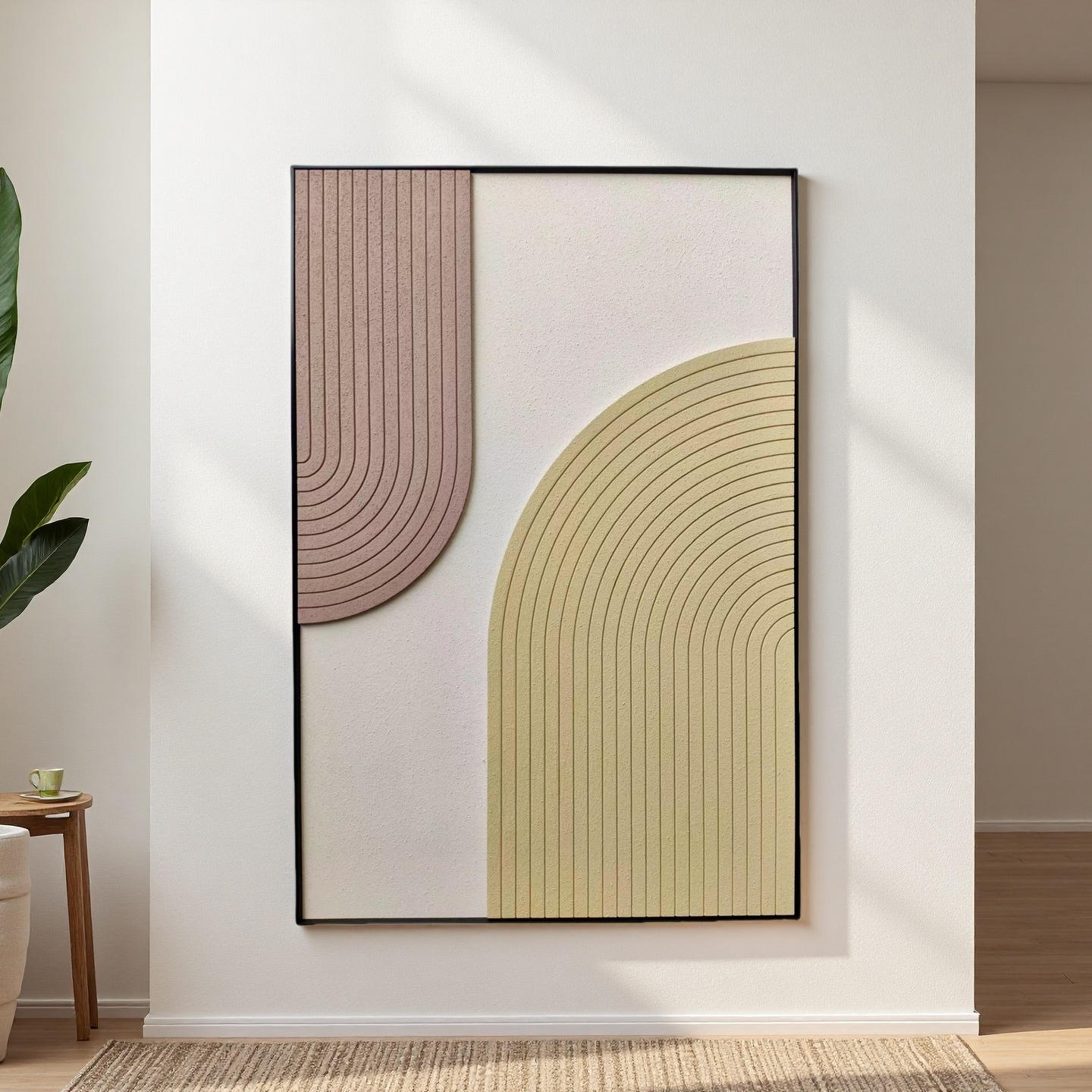 Vertical 80×120cm minimalist wall art with curved line texture in beige and warm tan, mounted on wall