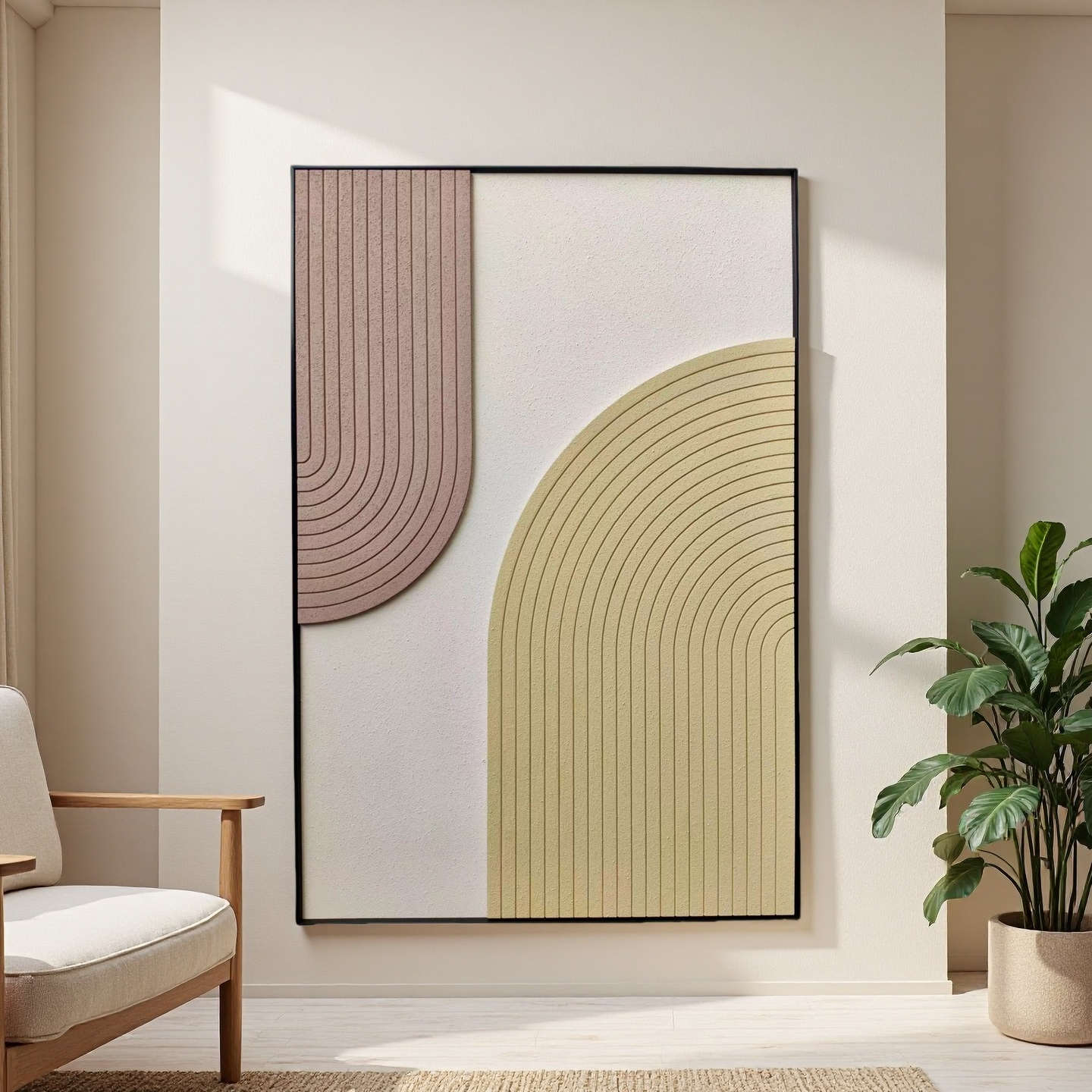 Vertical 80×120cm minimalist wall art with curved line texture in beige and warm tan, mounted on wall
