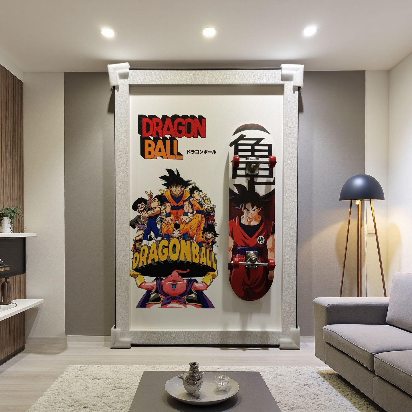 Dragon Ball 3D wall art with Goku and anime skateboard design