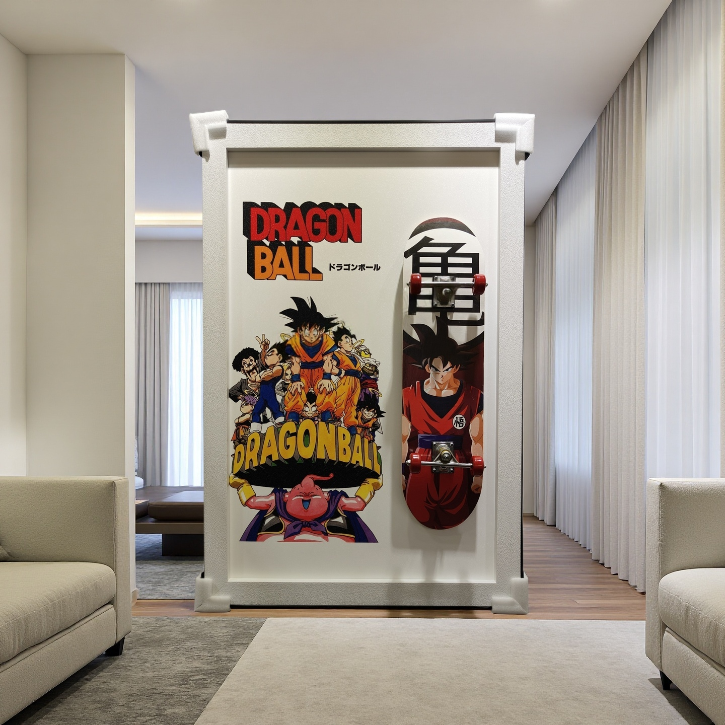 Dragon Ball 3D wall art with Goku and anime skateboard design