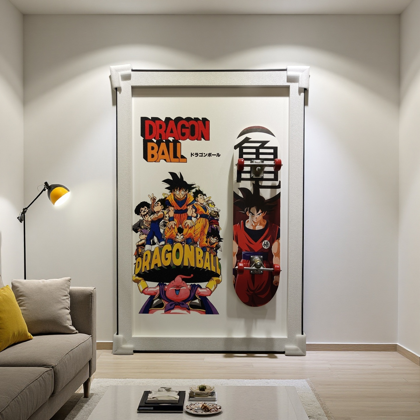 Dragon Ball 3D wall art with Goku and anime skateboard design