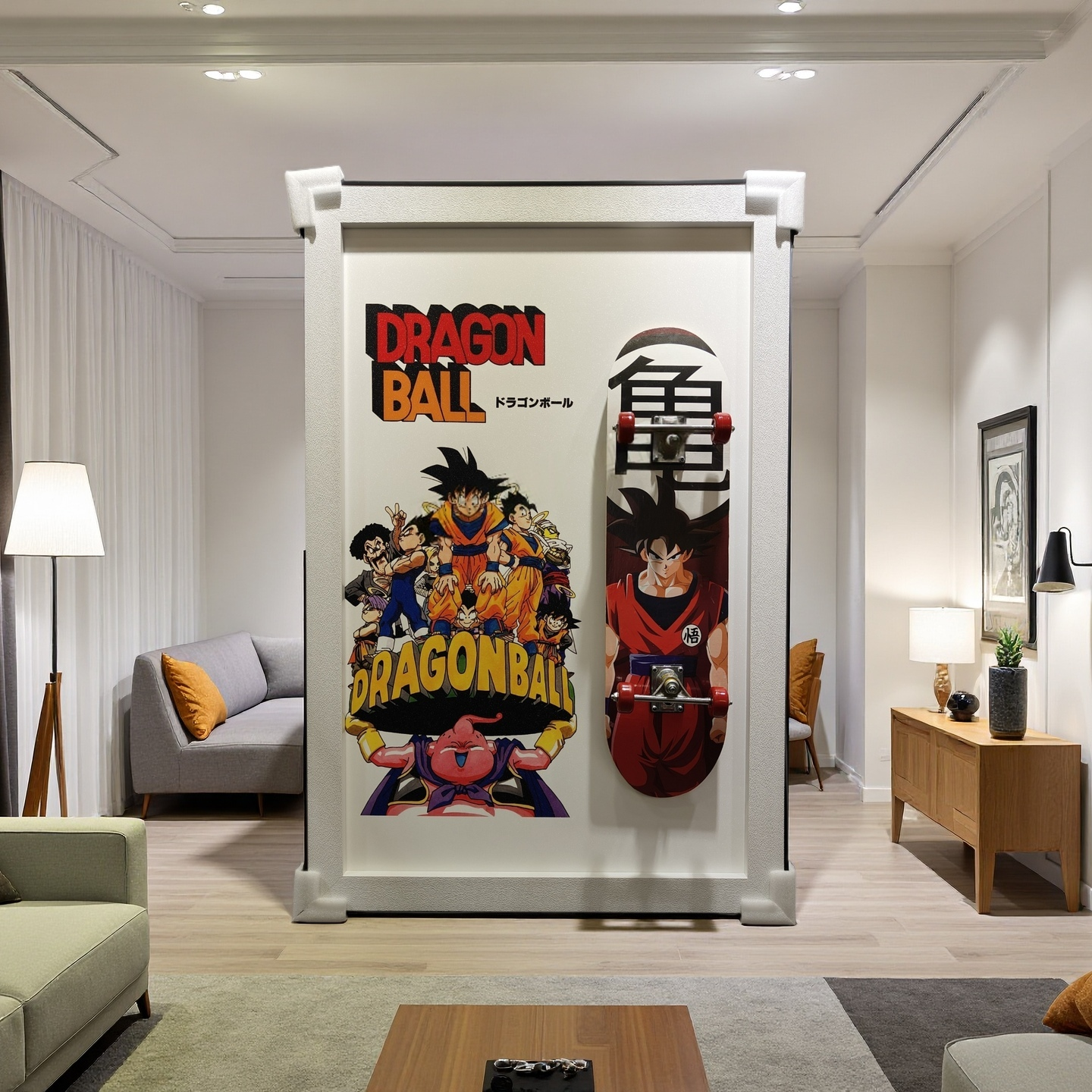 Dragon Ball 3D wall art with Goku and anime skateboard design