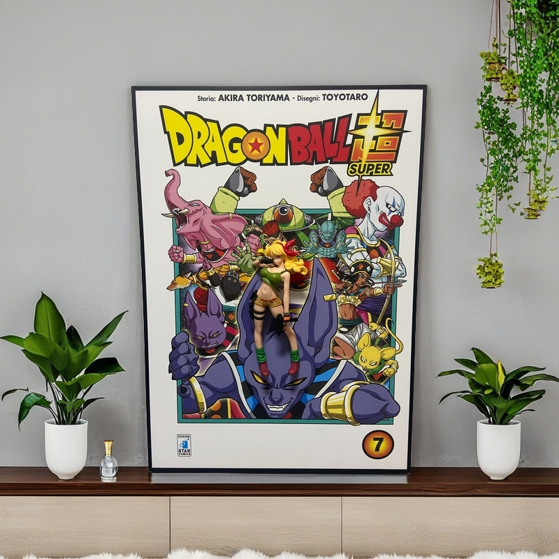 Dragon Ball Super 3D wall art with a Launch figurine mounted on anime comic-style background