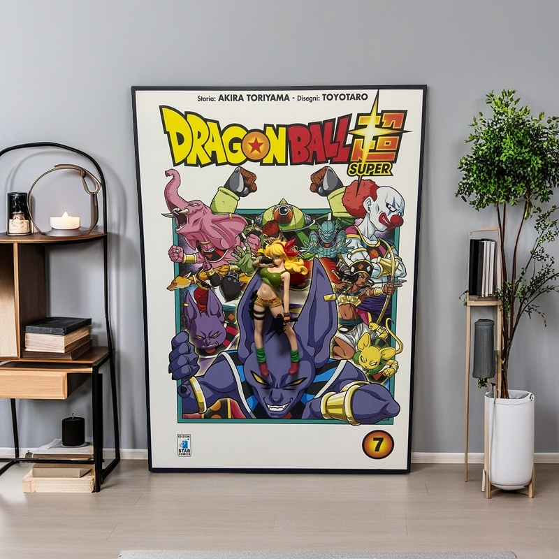 Dragon Ball Super 3D wall art with a Launch figurine mounted on anime comic-style background